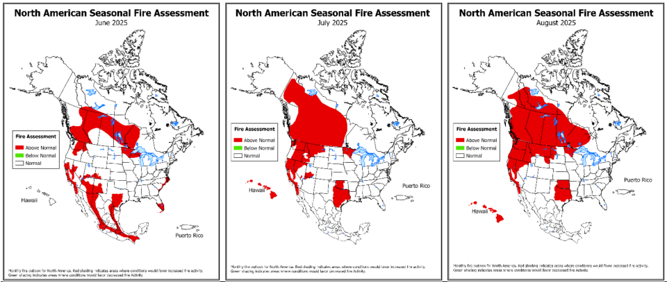 A series of three maps produced by North American fire scientists shows fire risk in June, July and August 2025. The area of red "above-normal" risk moves into the NWT in the latter two months.